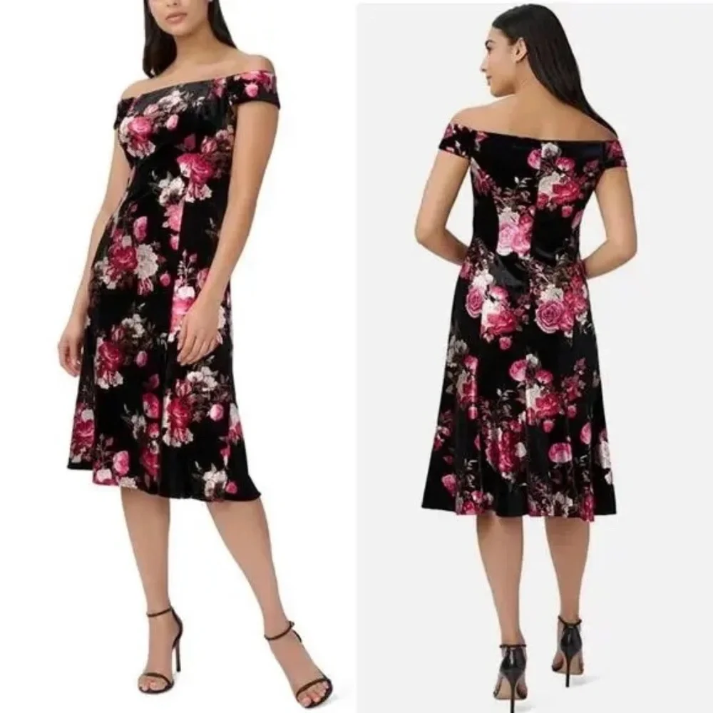 NWT Adrianna Papell Metallic Floral Off Shoulder Velvet Dress - size 14 - Picture 1 of 6